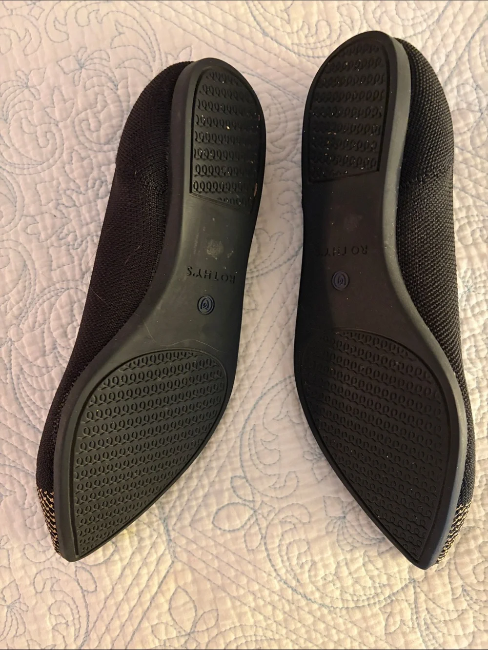 Rothy's Black Knit Pointed Flats with Gold Toe and Blue Trim